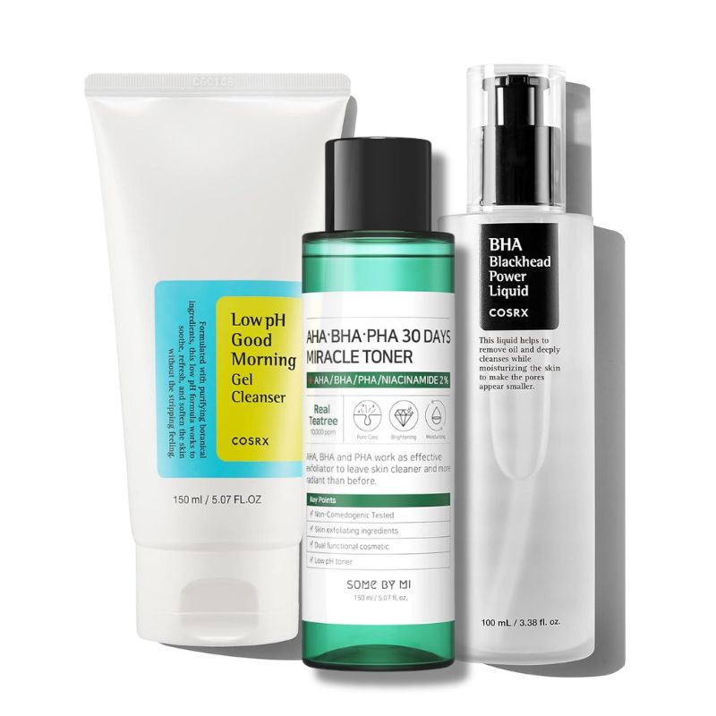 Cosrx Low pH Cleanser + Miracle Toner + Blackhead Liquid, Acne & Pore Care Set